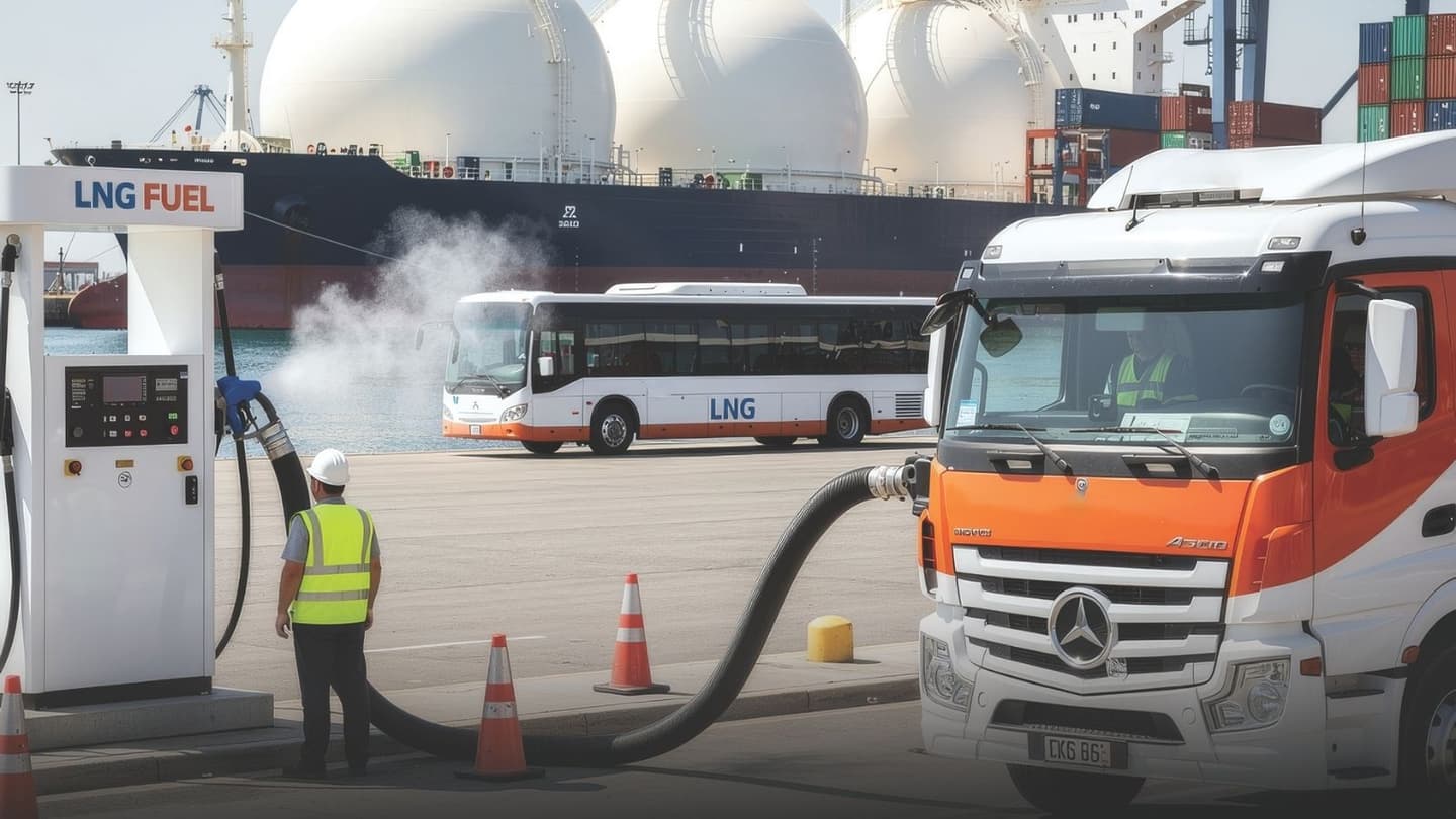 LNG refuelling a heavy-duty truck at a port.