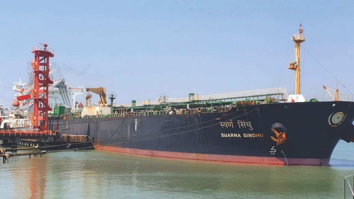 Oil tanker docked at an Indian port highlighting crude import infrastructure