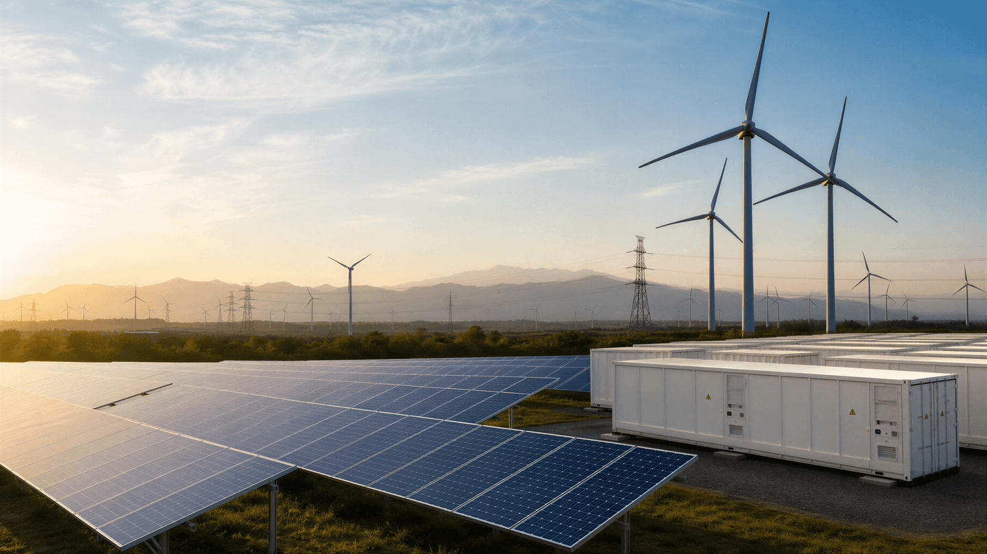 Solar panels and battery energy storage systems at a renewable energy facility, with wind turbines and electricity transmission towers in the background at sunset.