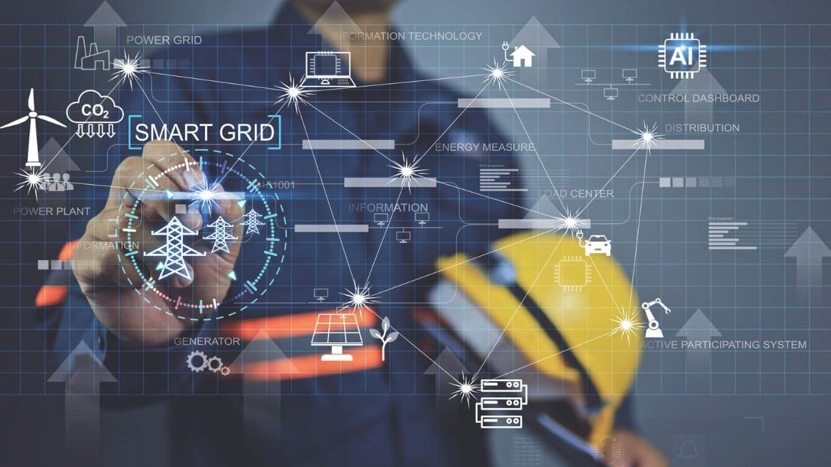 Engineer interacting with a digital smart grid interface showing power networks, renewable energy integration, data monitoring, and AI-based grid management systems.