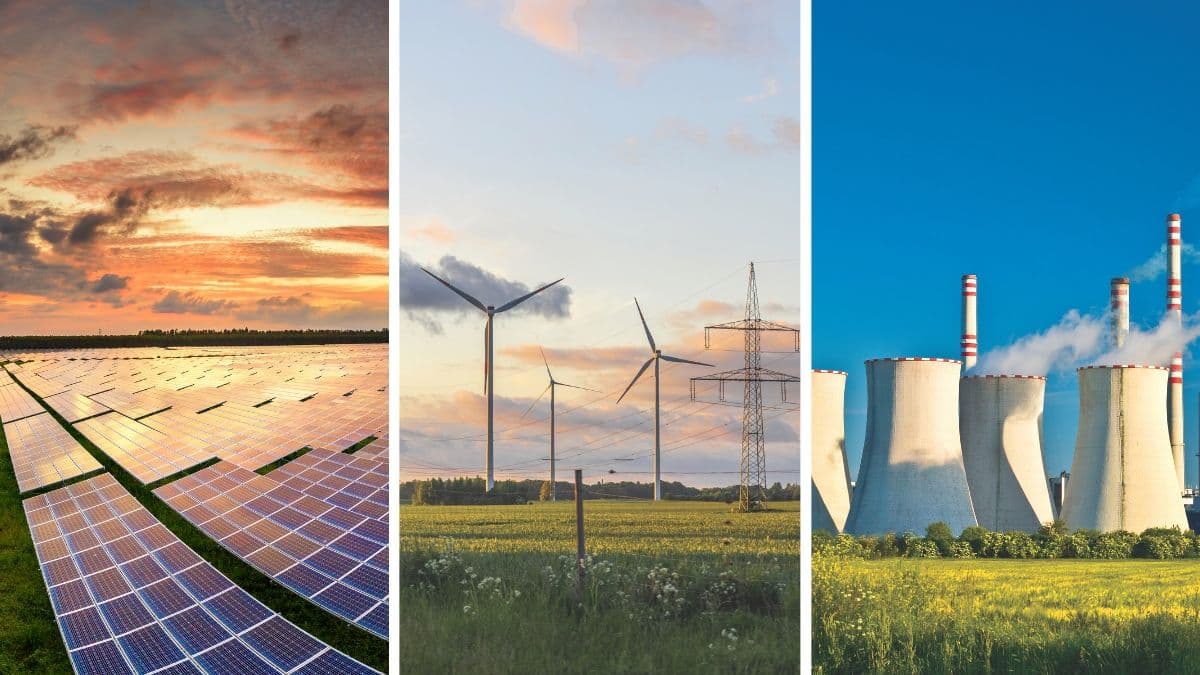Solar panels, wind turbines, and a nuclear power plant illustrating India’s evolving electricity generation mix and growing role of renewable energy.