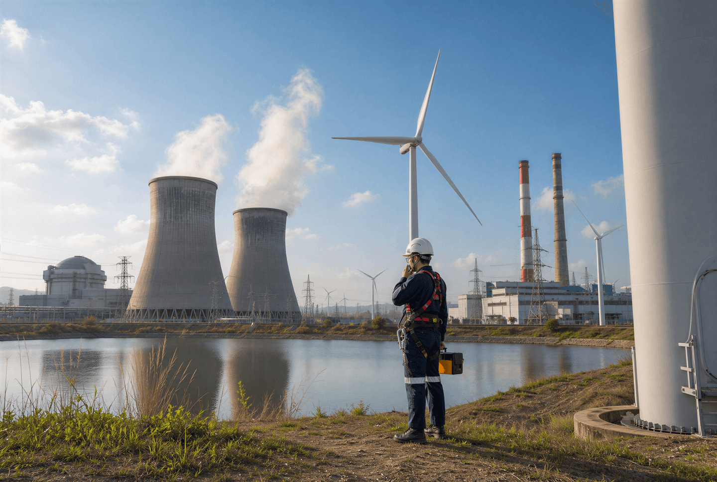 An energy industry engineer wearing a safety helmet and protective workwear stands beside a water reservoir, overlooking nuclear and thermal power infrastructure, cooling towers, transmission lines and wind turbines.