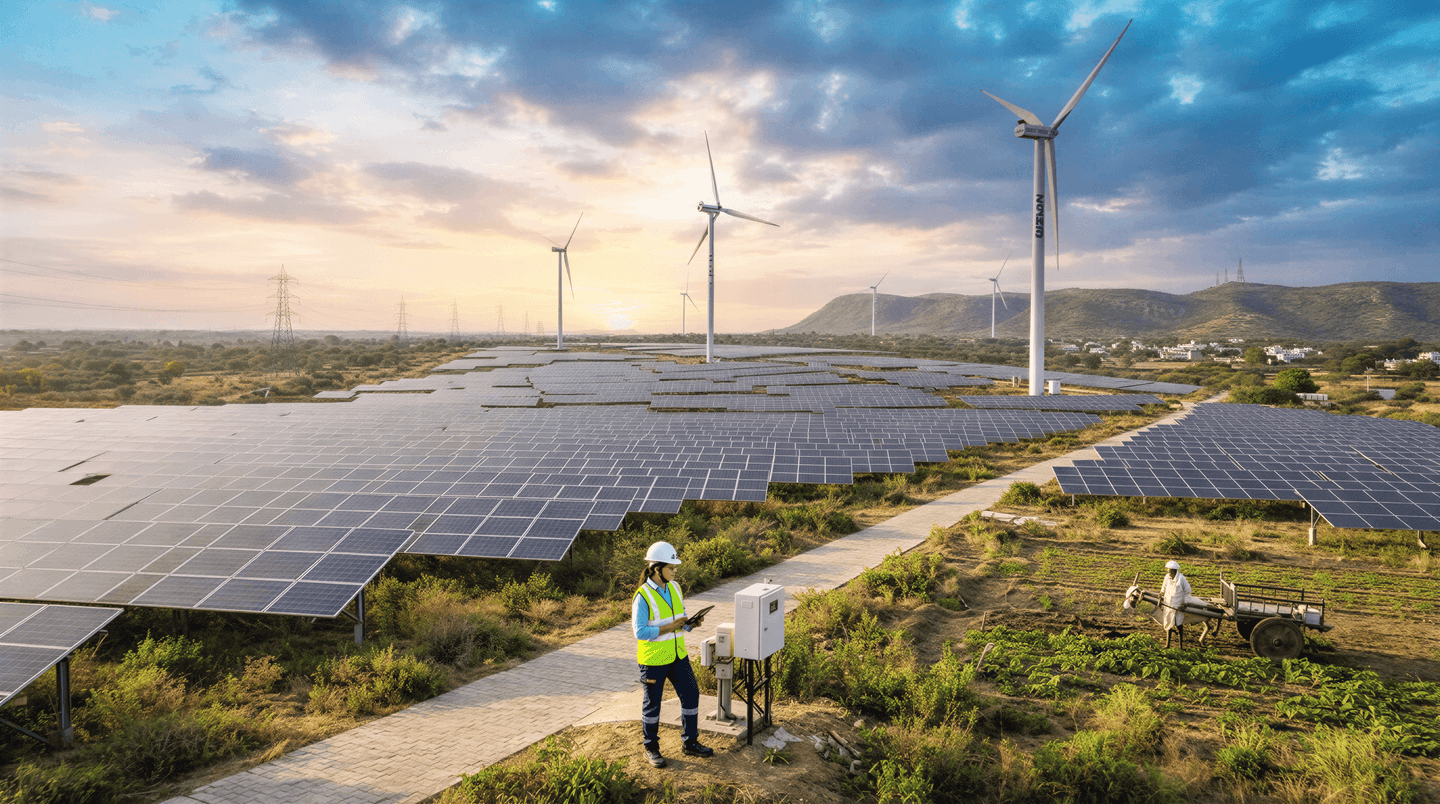 A renewable energy engineer wearing a safety helmet and high-visibility vest inspects electrical equipment at a large solar farm, with wind turbines, agricultural land and electricity transmission towers in the background at sunset.