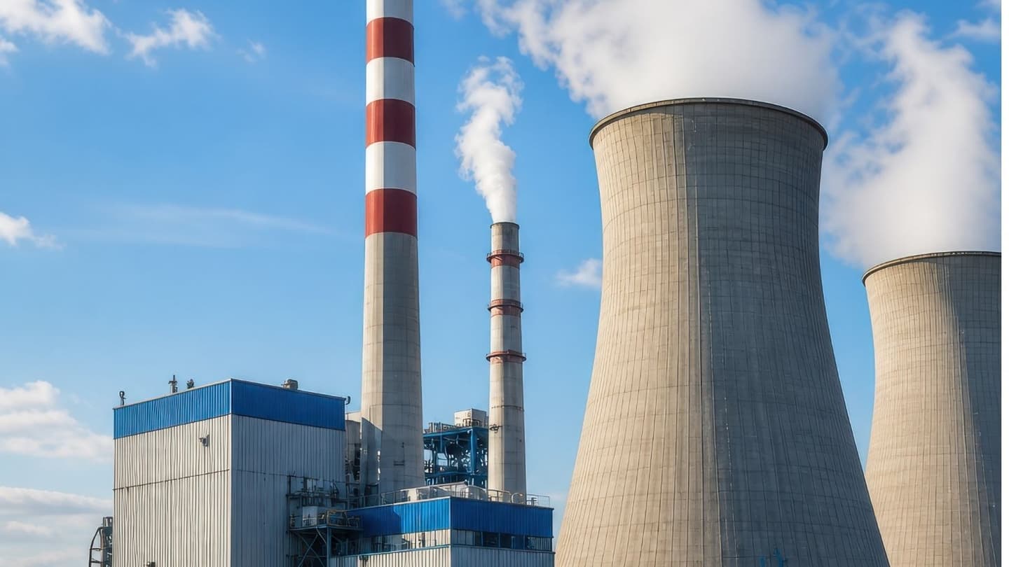 Thermal power plant with cooling towers and smokestacks.