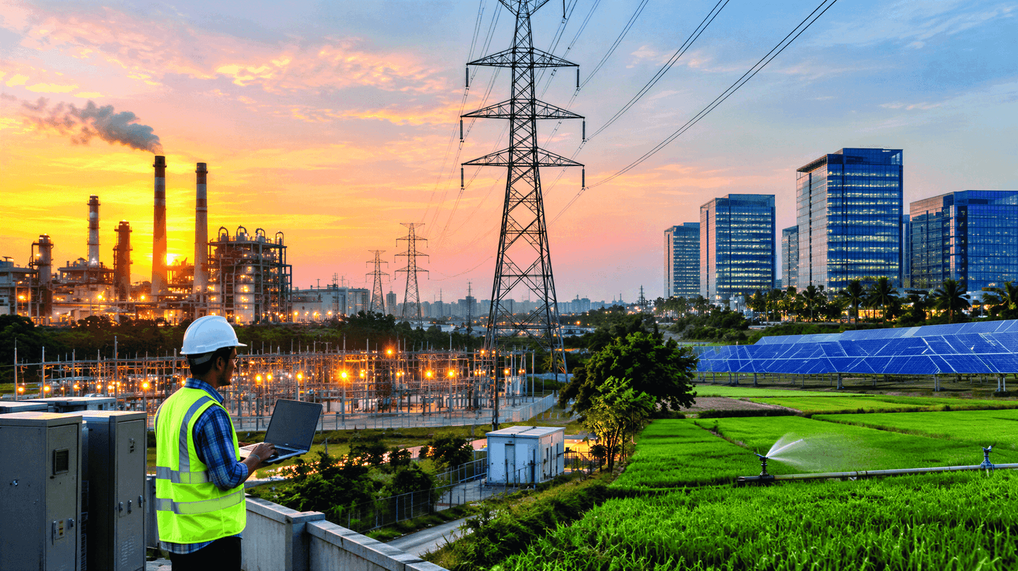 An energy professional wearing a safety helmet and high-visibility vest uses a laptop near an electrical substation, with a thermal power plant, high-voltage transmission lines, solar panels and modern office buildings visible at sunset.