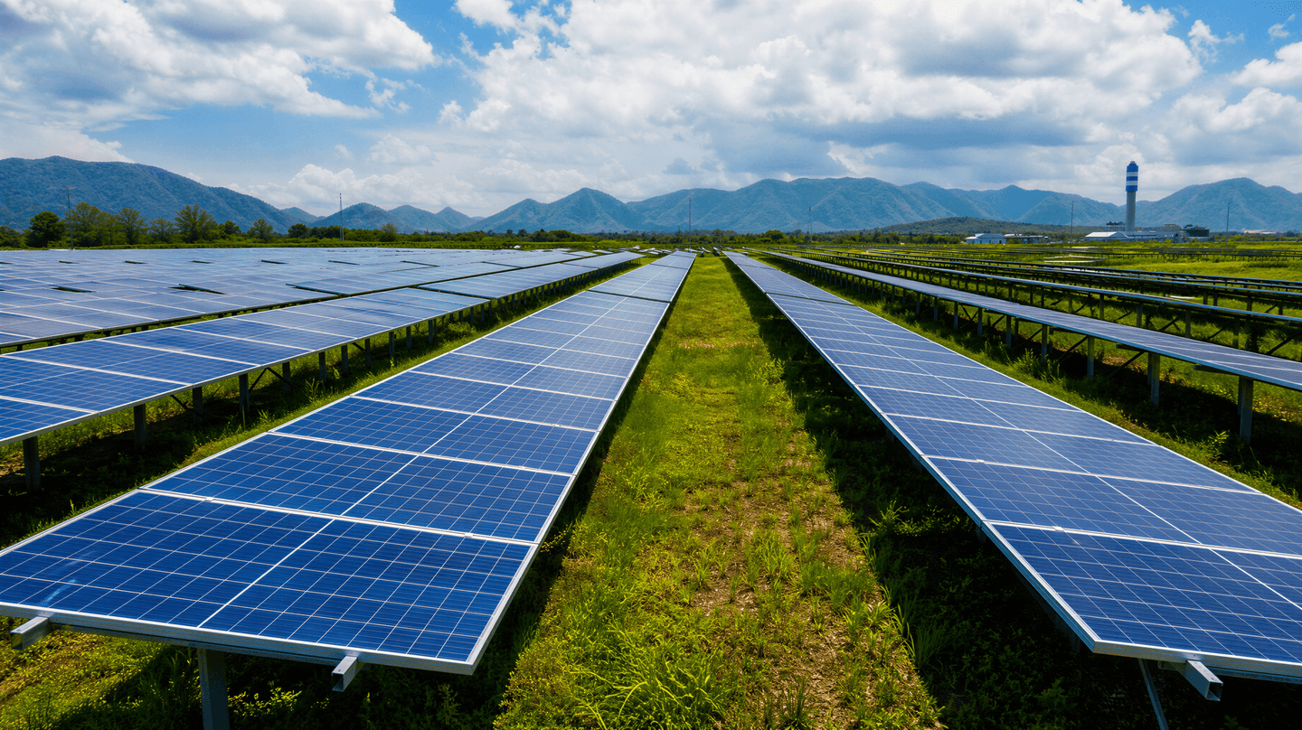 Rows of blue solar panels at a large-scale solar farm extend across a green field towards distant mountains under a partly cloudy sky.