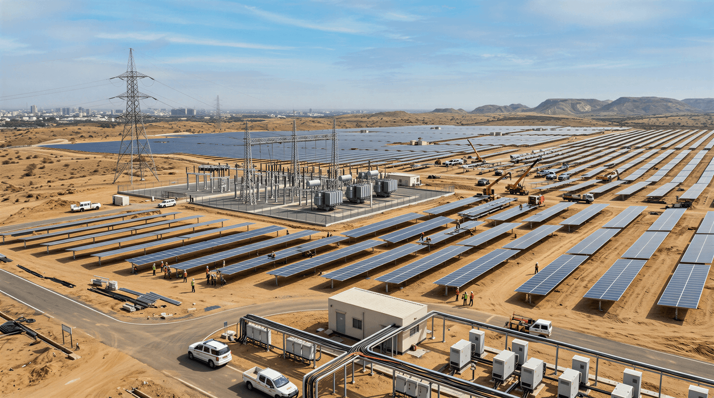 An aerial view of a utility-scale solar power plant under development in an arid landscape, featuring extensive rows of solar panels, workers installing equipment, an electrical substation, high-voltage transmission towers and power conversion units.