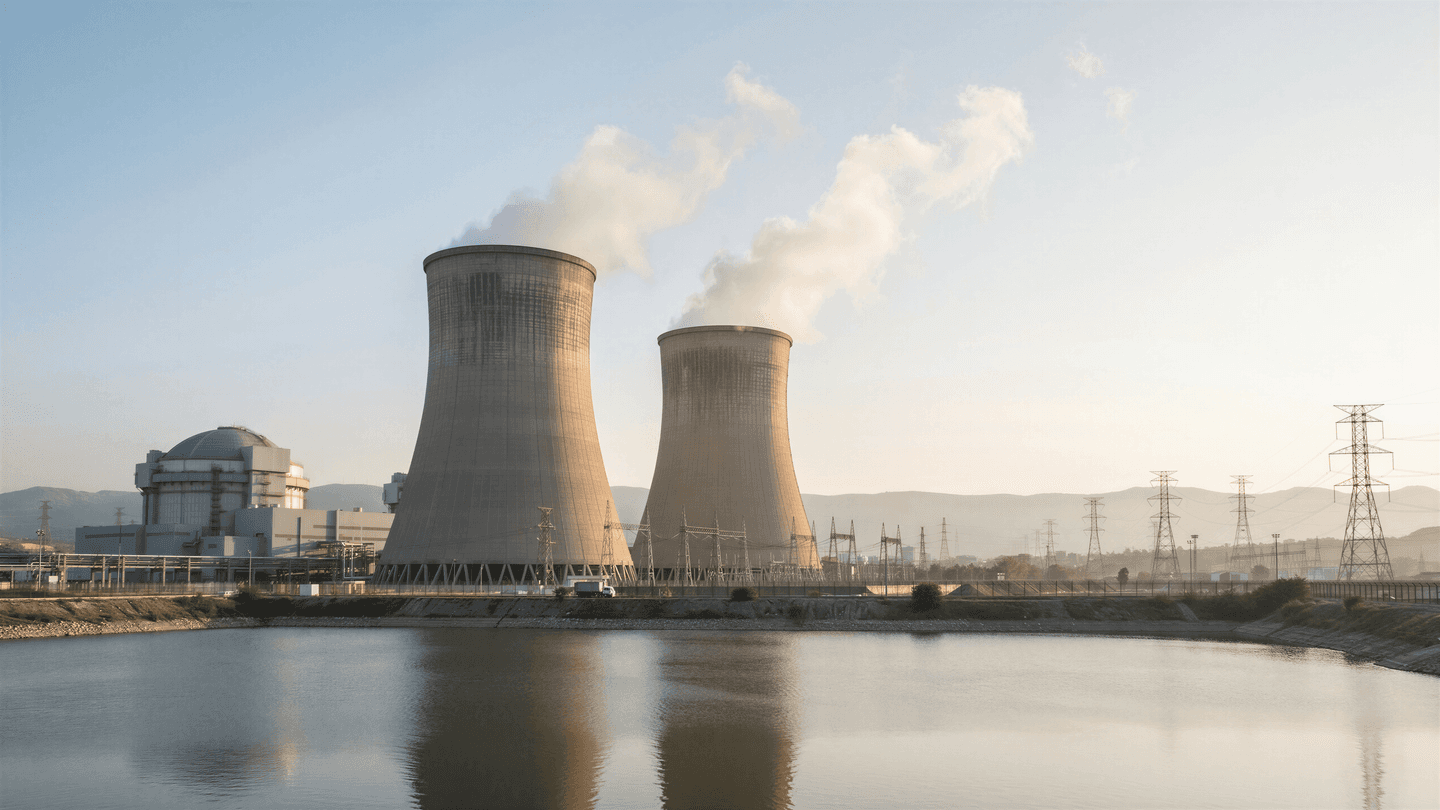 A nuclear power facility with large cooling towers, industrial buildings and high-voltage electricity transmission towers beside a water body, photographed in warm evening light.