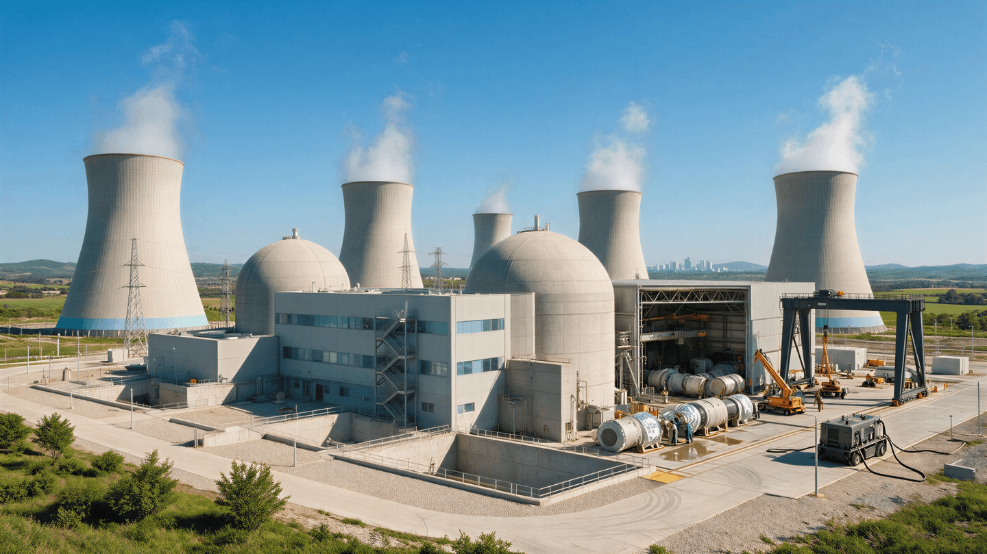 Nuclear power plant featuring multiple cooling towers releasing steam, large reactor buildings, industrial equipment and surrounding electrical infrastructure under a clear blue sky.