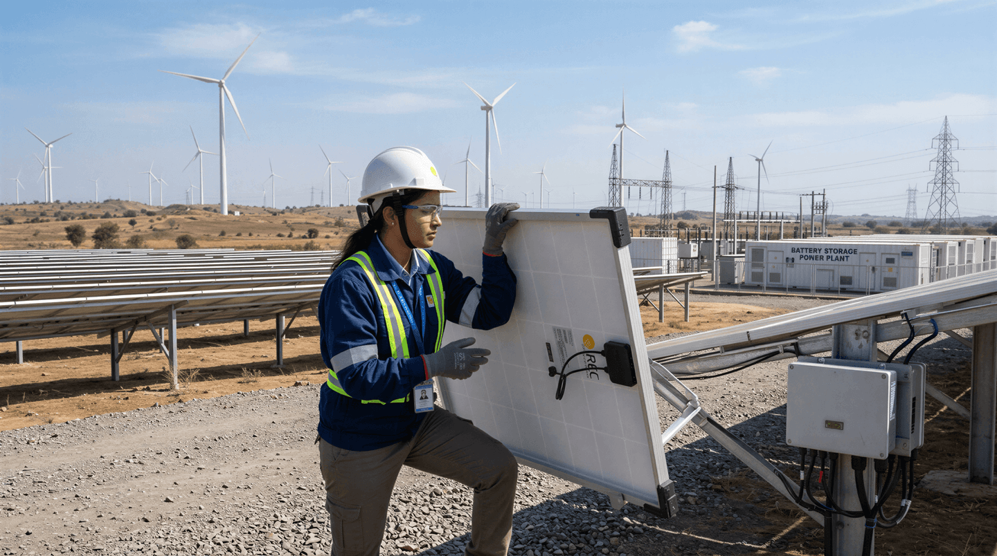 A renewable energy engineer wearing a safety helmet, protective gloves and a high-visibility vest inspects a solar panel at a solar farm, with wind turbines, electrical transmission infrastructure and a battery energy storage facility in the background.