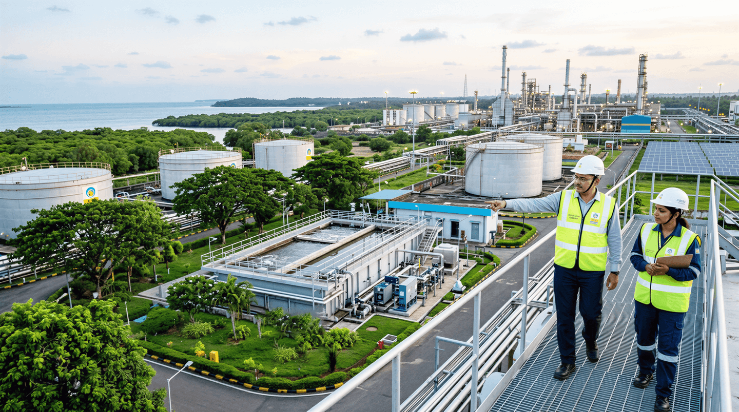 Two refinery professionals in safety gear inspect an industrial refinery complex featuring storage tanks, wastewater treatment facilities, pipelines and solar panels.