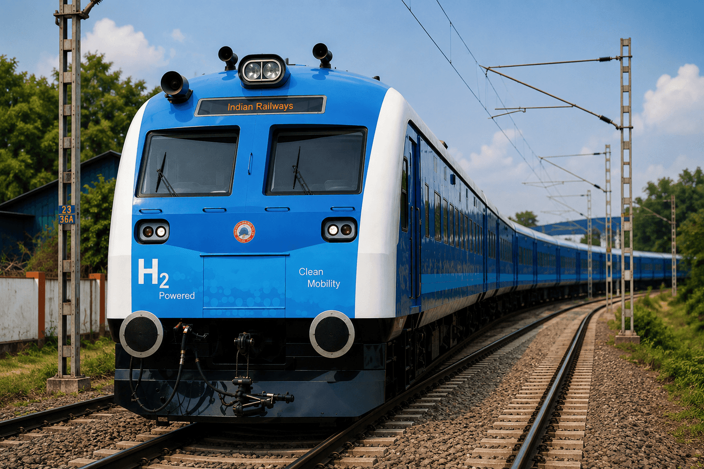 Indian Railways hydrogen-powered train operating on a scenic hilly heritage railway route.