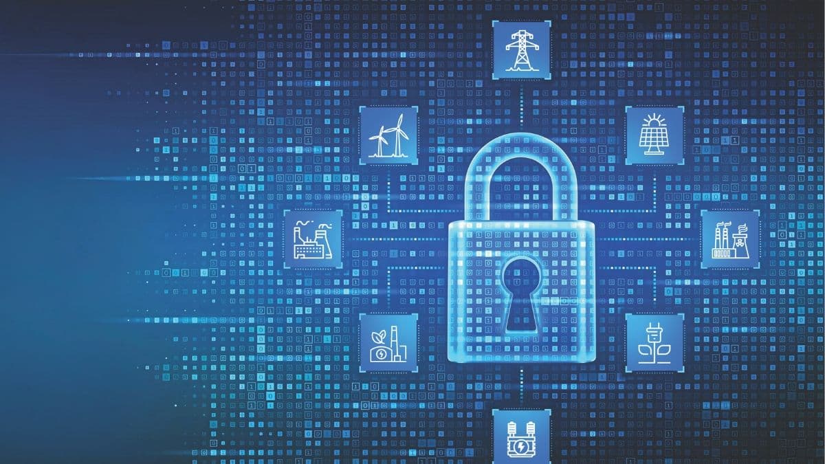 Digital cybersecurity interface representing data protection for power grid and energy infrastructure.