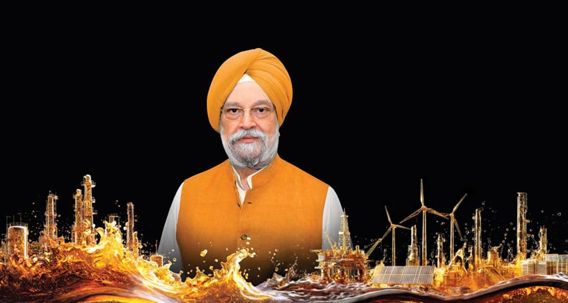 Union Minister Hardeep Singh Puri with oil and gas refineries and petrochemical facilities in the background, symbolising India’s evolving energy landscape.