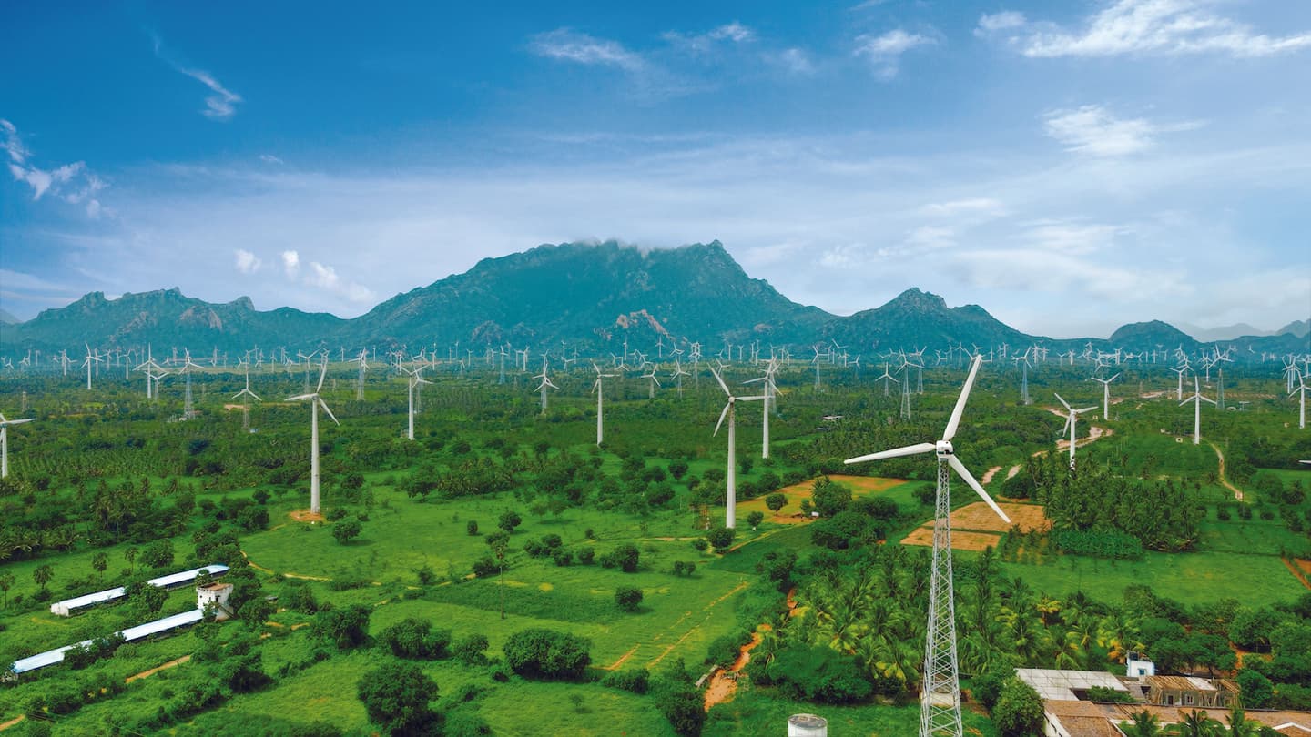 Muppandal Wind Farm with rows of wind turbines generating renewable power in Tamil Nadu.